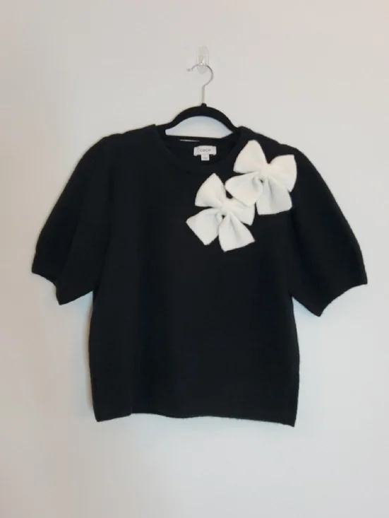 CeCe Black Knit Top with White Bow Cluster - Picture 1 of 4